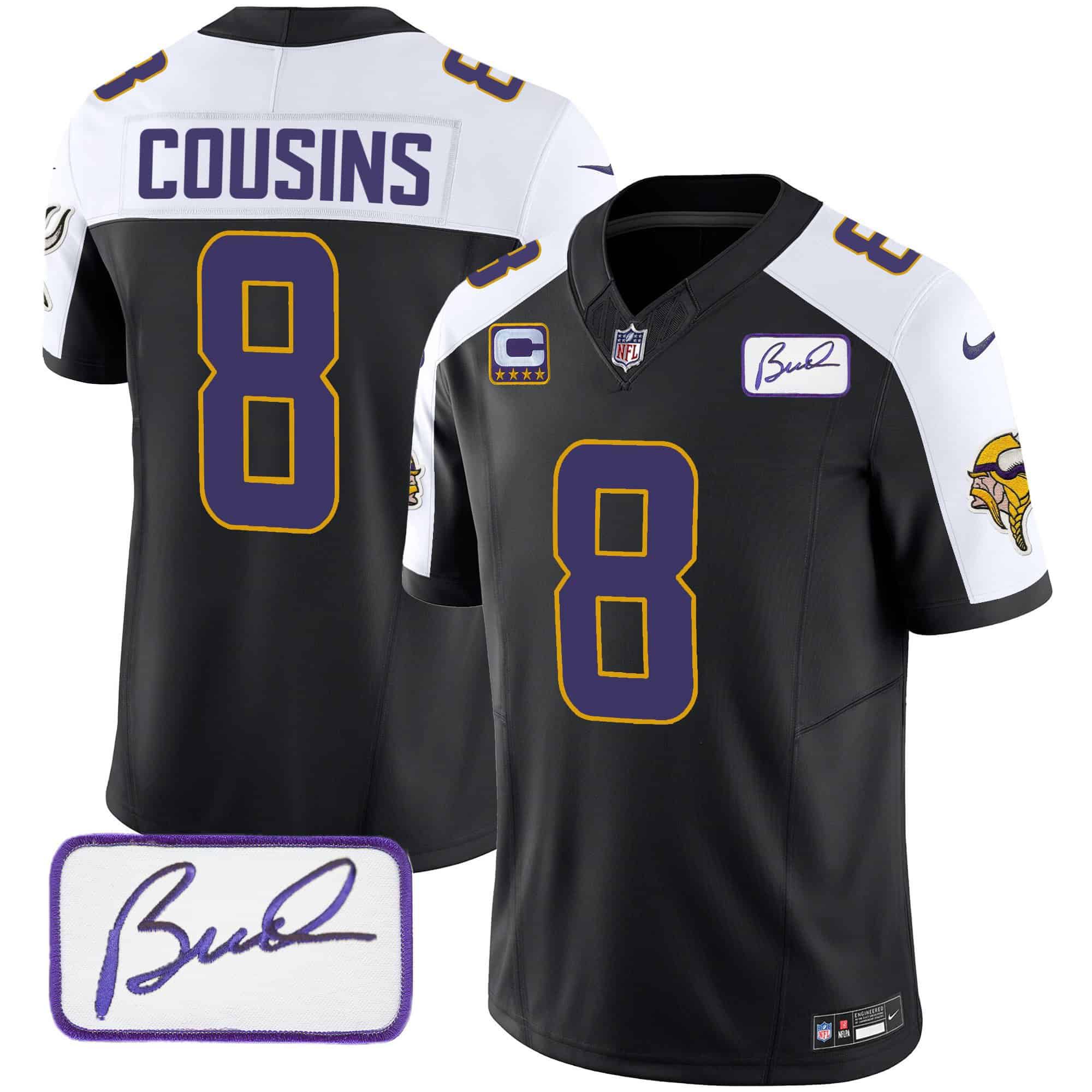 Men Minnesota Vikings 8 Cousins Black 2024 Nike Bud Grant Patch Classic Limited NFL Jersey style 1